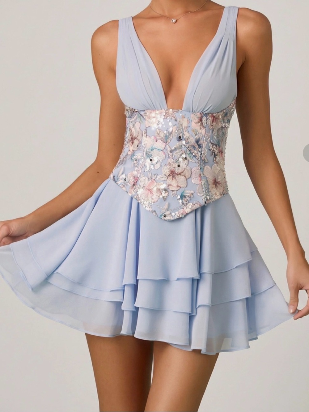Oh Polly Light Blue Floral Embellished Corset Mini Dress
